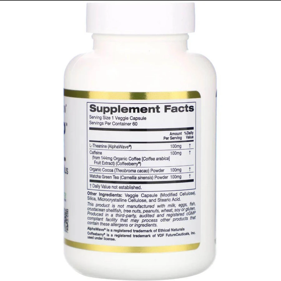 L-Theanine & Caffeine, California Gold Nutrition, з какао та матчу, 60 капсул: ціни та характеристики