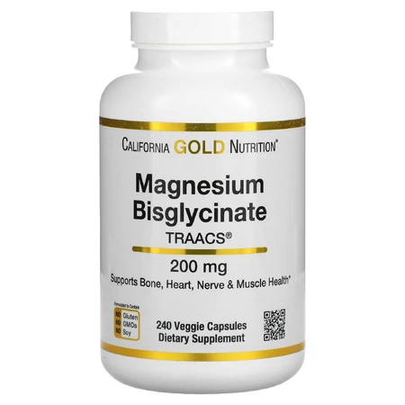 Магний биглицинат, Magnesium Bisglycinat, California Gold Nutrition, 200 мг, 240 растительных капсул: цены и характеристики