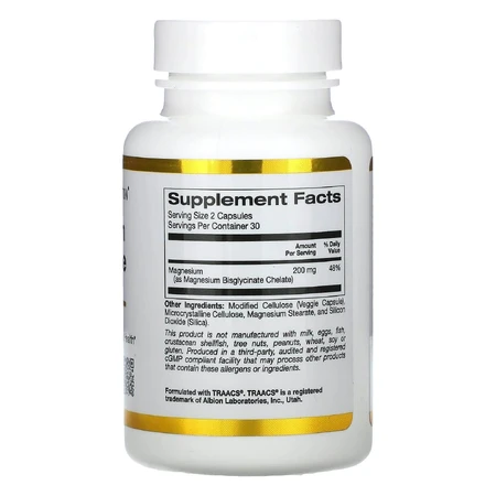 Магній бігліцинат, Magnesium Bisglycinat, California Gold Nutrition, 200 мг, 60 рослинних капсул: цены и характеристики