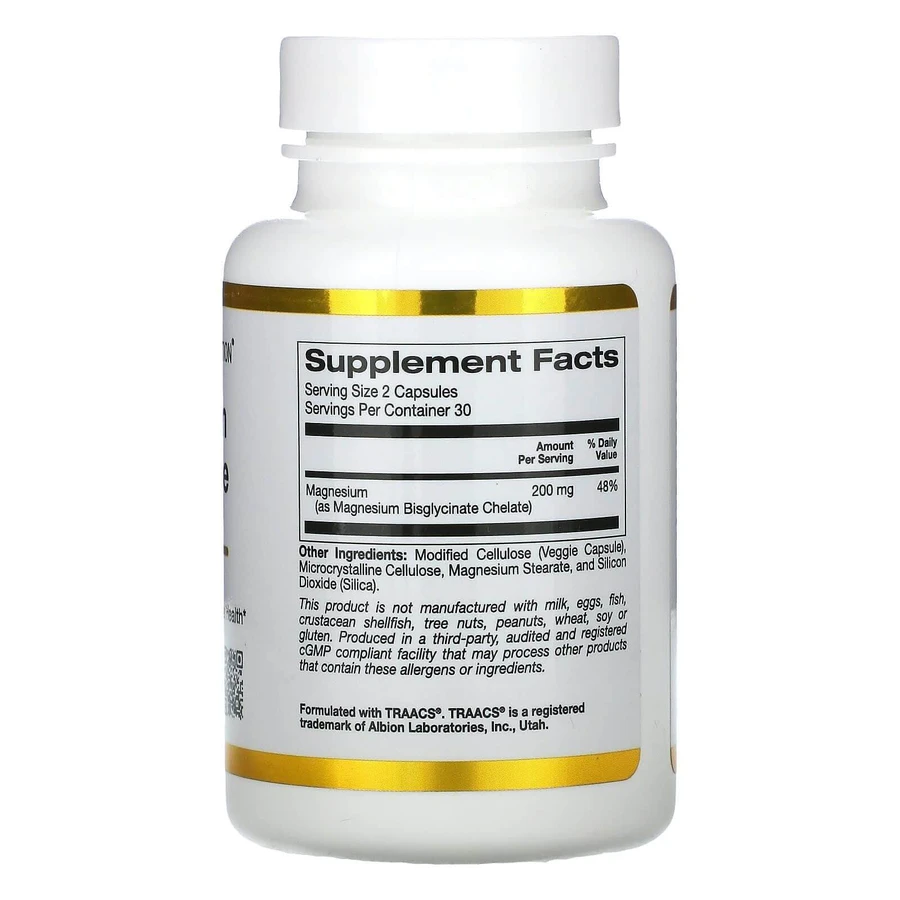 Магній бігліцинат, Magnesium Bisglycinat, California Gold Nutrition, 200 мг, 60 рослинних капсул: цены и характеристики