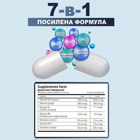 Магній Преміум комплекс капсули № 60 антистрес, заспокійлеве, для серця та для судин: ціни та характеристики