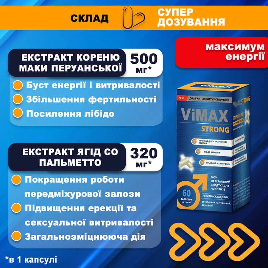 Вімакс стронг №60 таблетки по 1500 мг, для потенції, для чоловіків: ціни та характеристики