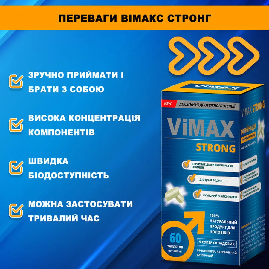 Вімакс стронг №60 таблетки по 1500 мг, для потенції, для чоловіків: ціни та характеристики