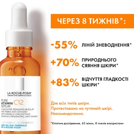 Сироватка-антиоксидант для обличчя La Roche-Posay Pure Vitamin C 12 проти зморшок для оновлення сяяння шкіри обличчя, 30 мл: ціни та характеристики