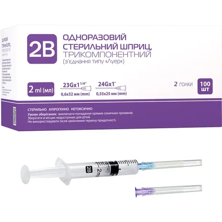 Шприц 2В, 3-компонентный 2мл 23G*1 1/4 0,6*32мм; 24G*1 0,55*25мм: цены и характеристики
