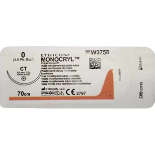 Шовний матеріал що розсмоктуэться Monocryl розмір USP 0 (М3,5), одна голка CT, тип колюча Taper Point, 40мм, 1/2 кола, довжина 70см W3758