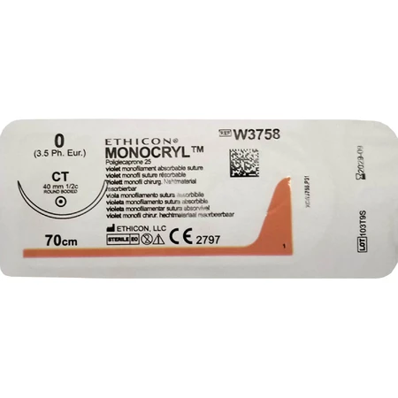 Шовний матеріал що розсмоктуэться Monocryl розмір USP 0 (М3,5), одна голка CT, тип колюча Taper Point, 40мм, 1/2 кола, довжина 70см W3758: ціни та характеристики