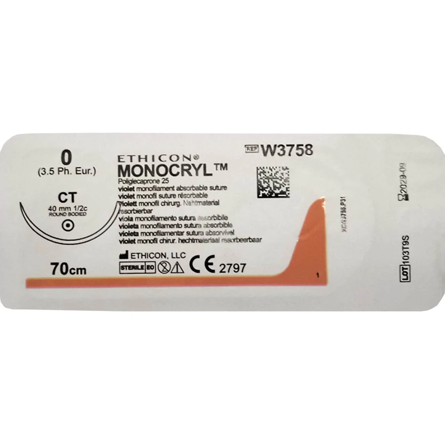 Шовний матеріал що розсмоктуэться Monocryl розмір USP 0 (М3,5), одна голка CT, тип колюча Taper Point, 40мм, 1/2 кола, довжина 70см W3758: ціни та характеристики
