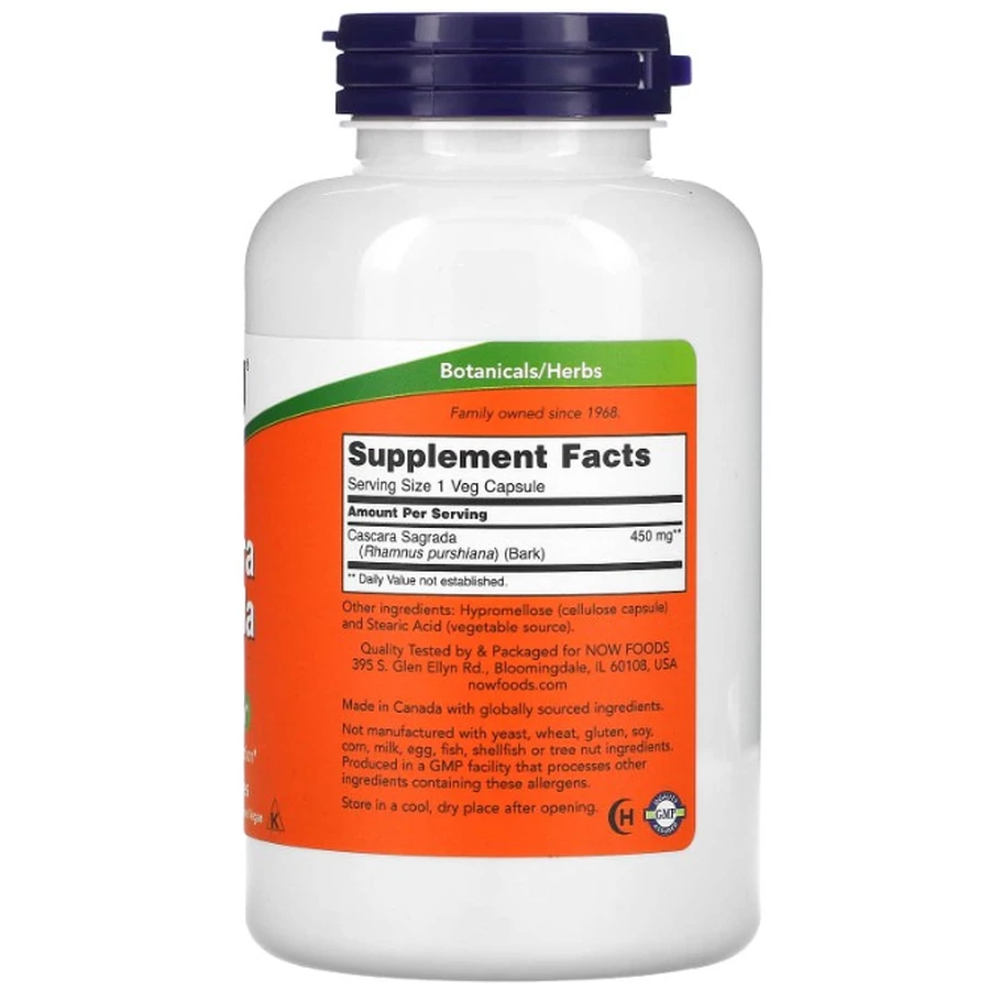 Каскара саграда, Cascara Sagrada, Now Foods, 450 мг, 250 рослинних капсул: ціни та характеристики