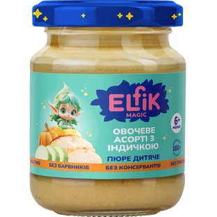 Пюре овочево-м'ясне дитяче Elfik Magic Овочеве асорті з індичкою з 6-ти місяців 100 г