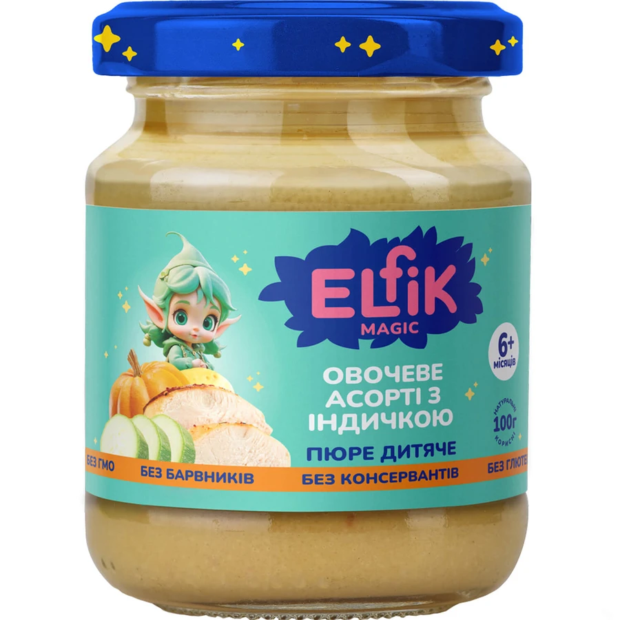 Пюре овочево-м'ясне дитяче Elfik Magic Овочеве асорті з індичкою з 6-ти місяців 100 г: ціни та характеристики