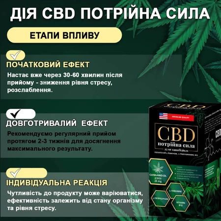 Потрійна сила CBD (КБД) сприяє зменшенню відчуття тривожності та психоемоційної напруги, стресу флакон 60 шт: ціни та характеристики