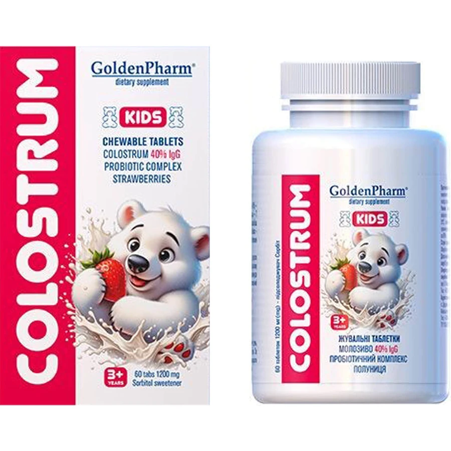 Колострум Golden Pharm дитячий жувальні таблетки з підсолоджувачем по 1200 мг №60: ціни та характеристики