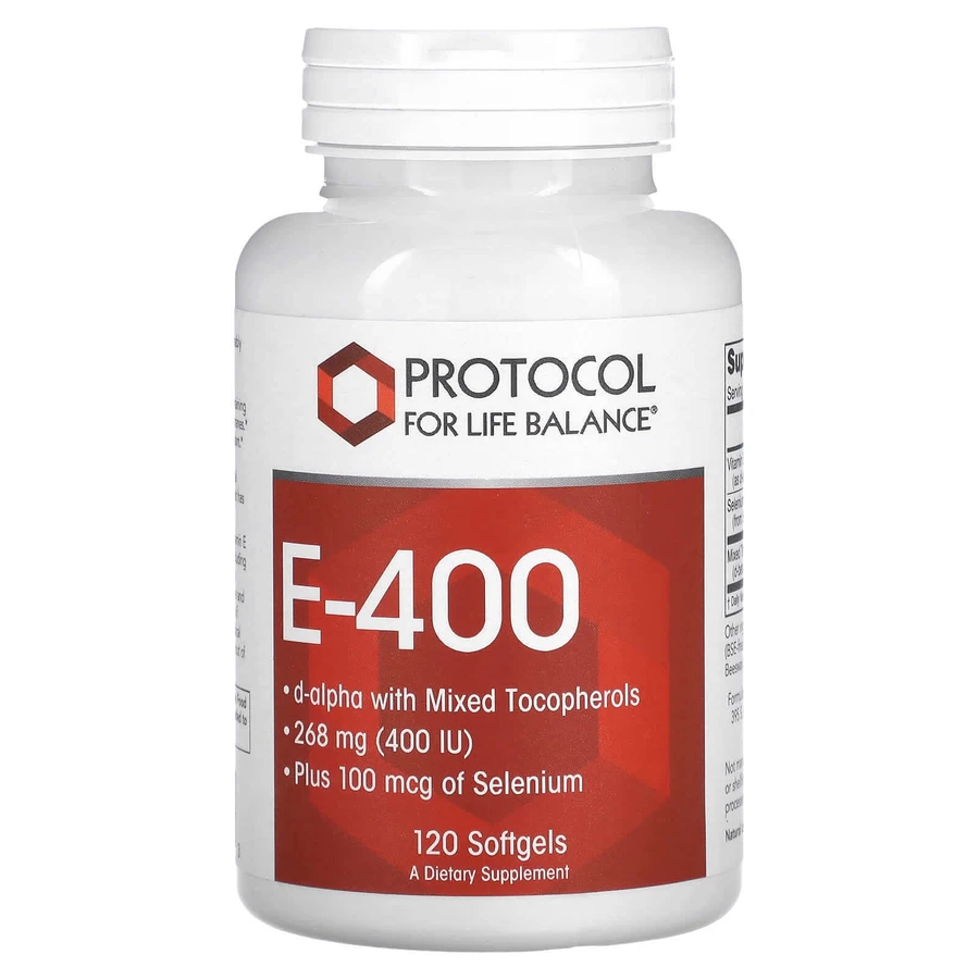 Витамин Е, E-400, Protocol for Life Balance, смешанные токоферолы и селен, 268 мг (400 МЕ), 120 гелевих капсул: цены и характеристики
