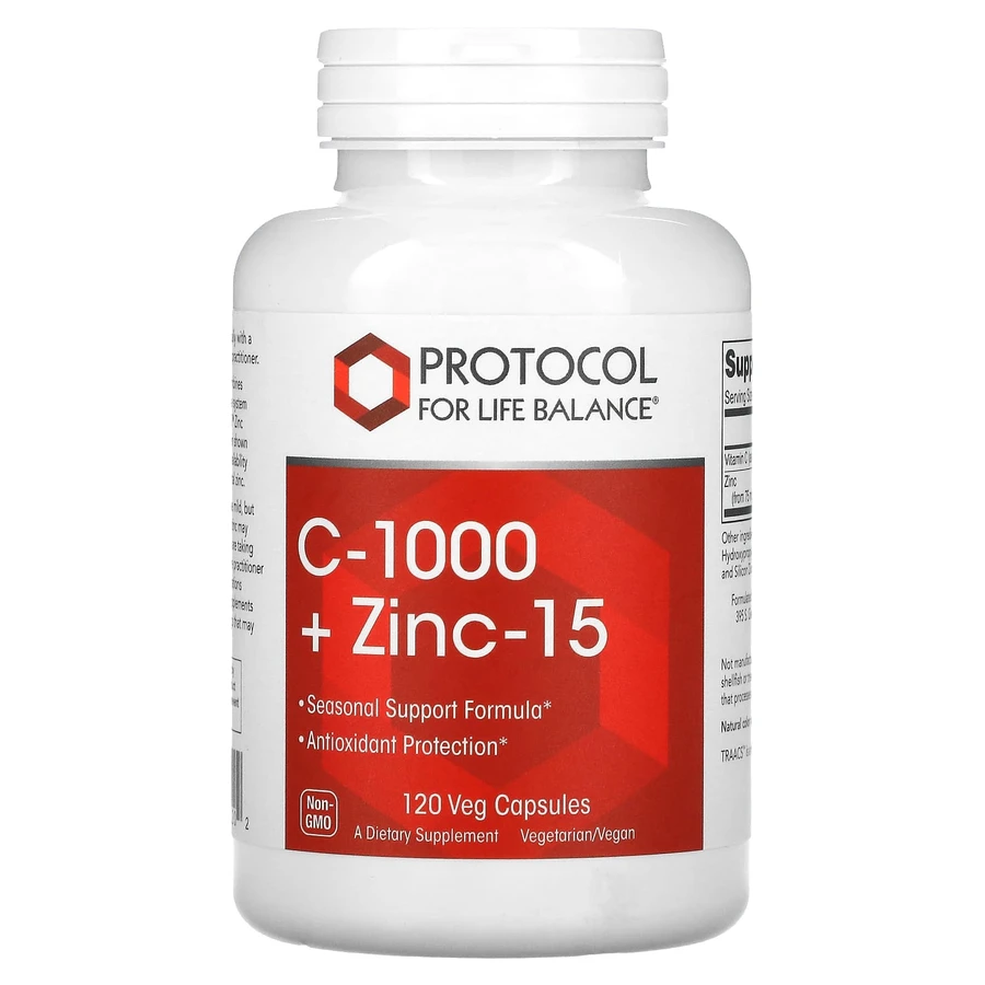 Вітамін C + цинк, C-1000 + Zinc-15, Protocol for Life Balance, 1000 мг/15 мг, 120 веганських капсул: ціни та характеристики