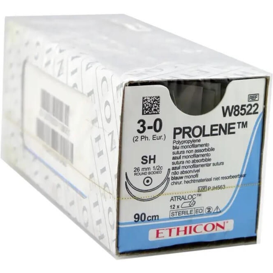 Шовный материал Ethicon Пролен (Prolene) 3/0, длина 90 см, 2 цв. иглы 26 мм, W8522: цены и характеристики