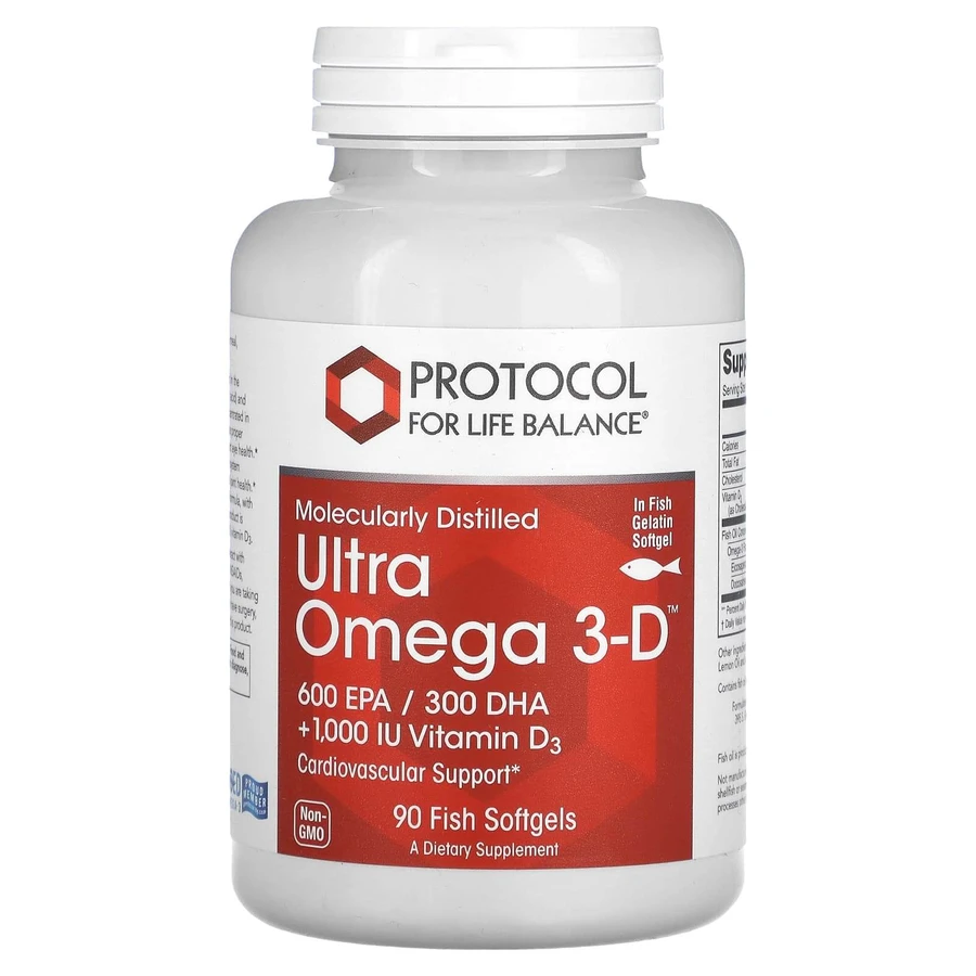 Омега-3 Ультра с Вітаміном Д3, Ultra Omega 3-D, Protocol for Life Balance, молекулярно-дистиллированная, 600 ЭПК/300 ДГК, с лимонним маслом, 90 рибних гелевих капсул: ціни та характеристики