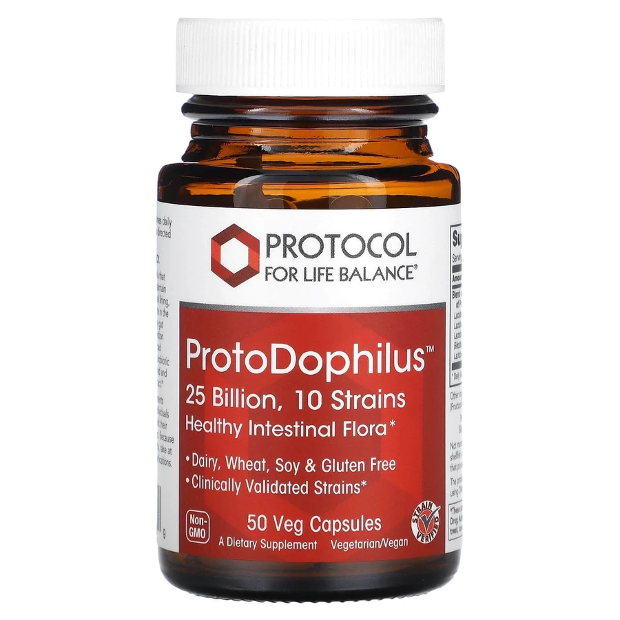 Пробіотики дофілус, ProtoDophilus, Protocol for Life Balance, 25 млрд КУО, 10 штамів, 50 веганських капсул: ціни та характеристики