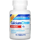 Кальций Цитрат и витамин D3, Calcium Citrate + D3 Maximum, 21st Century, 75 таблеток