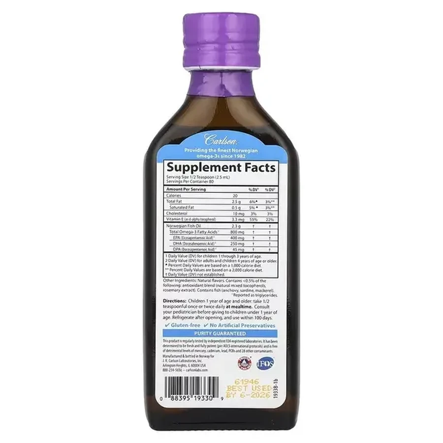 Норвезький риб'ячий жир для дітей, смак ягід, 800 мг, Kid's Norwegian Fish Oil, Carlson, 200 мл: ціни та характеристики