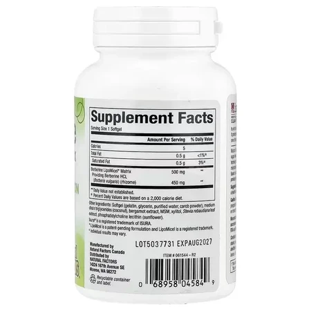 Берберин, Berberine LipoMicel Matrix, Natural Factors, 60 гелевих капсул: ціни та характеристики
