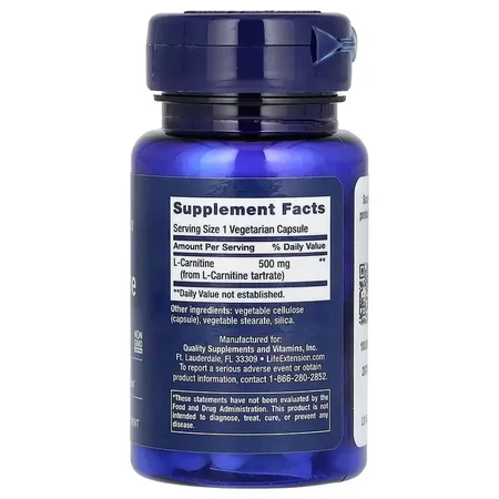 L-Карнітин, 500 мг, L-Carnitine, Life Extension, 30 вегетаріанських капсул: ціни та характеристики