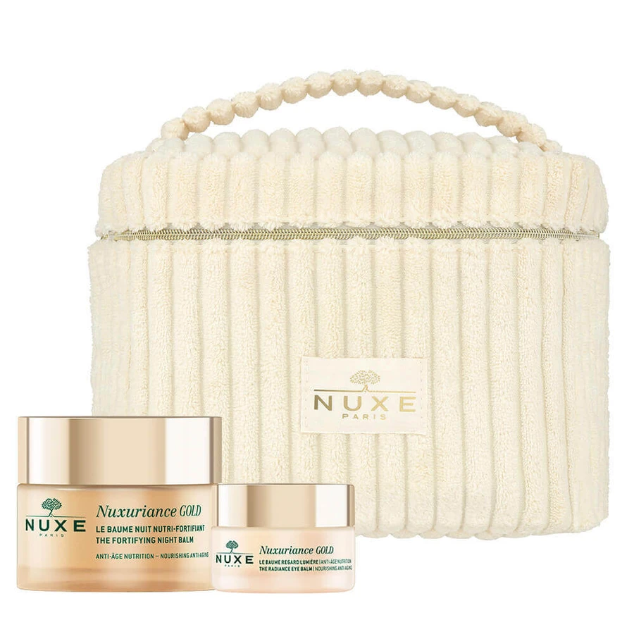 Набір Nuxe Nuxuriance Gold, loțiune de noapte hrănitoare și fortifiantă, 50 ml + balsam de ochi iluminator, piele uscată, 15 ml + geantă cosmetică gratuită: ціни та характеристики
