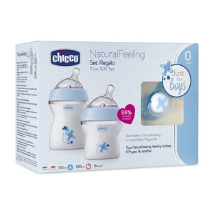 Chicco NaturalFeeling Set flacon 150ml 0m+ + flacon 250ml 2m+ + tetină PhysioForma Comfort 0m+ Albastru