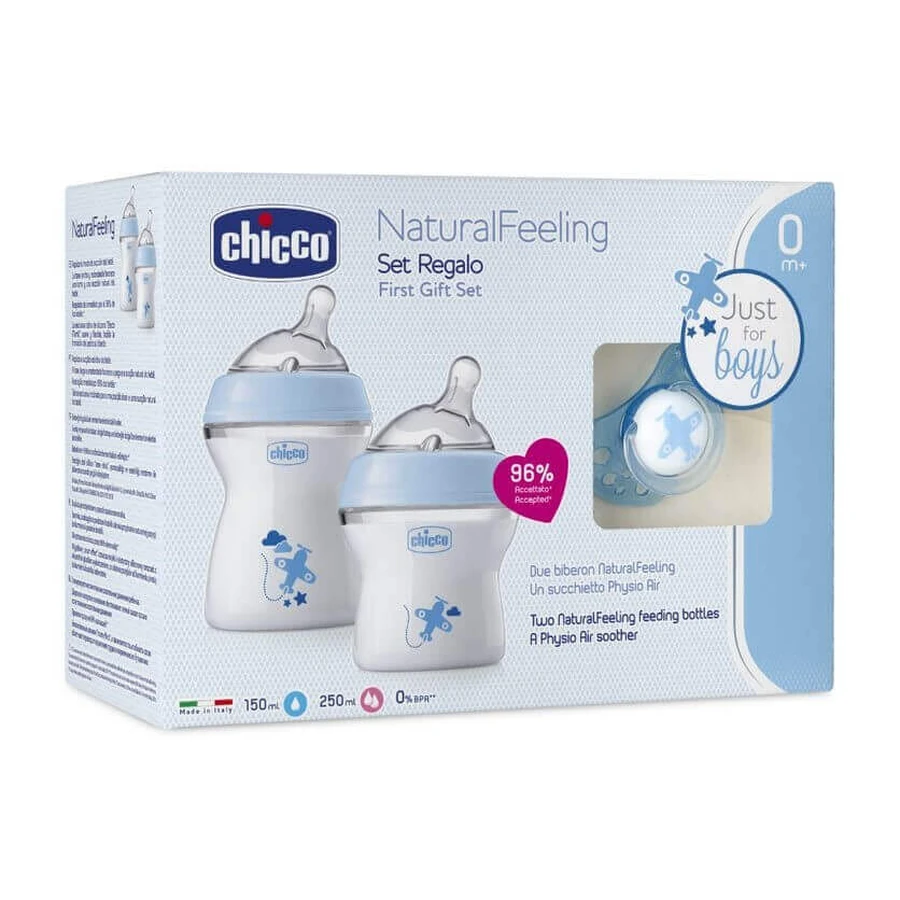 Chicco NaturalFeeling Set flacon 150ml 0m+ + flacon 250ml 2m+ + tetină PhysioForma Comfort 0m+ Albastru: цены и характеристики