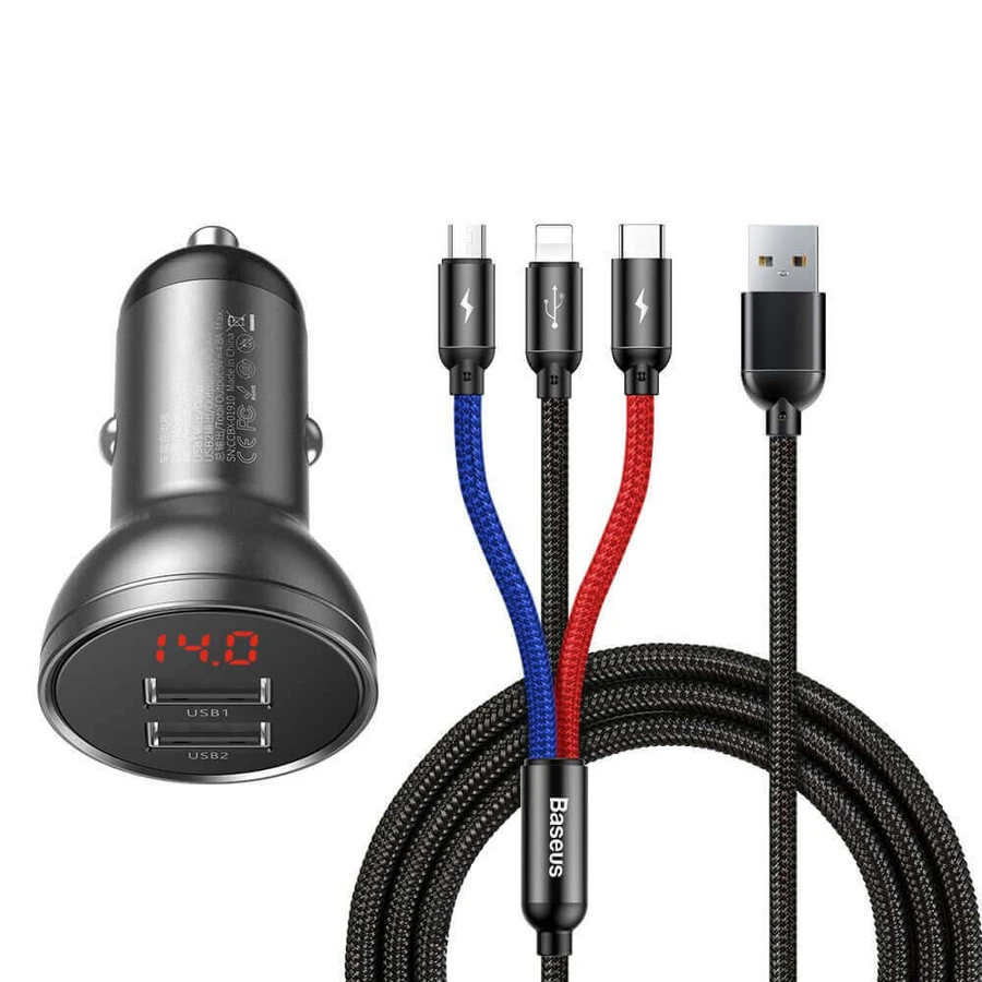 Baseus зарядний пристрій автоматичний 2x USB 4.8A 24W cu LCD + 3in1 USB - USB наконечник C / micro USB / кабель Lightning 1.2m negru (TZCCBX-0G): ціни та характеристики