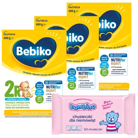 Набір Bebiko 2R Nutriflor Expert, lapte de continuare cu terci de orez, peste 6 luni, 3 x 600 g + Bambino, șervețele umede, de la naștere, 63 gratuit: ціни та характеристики