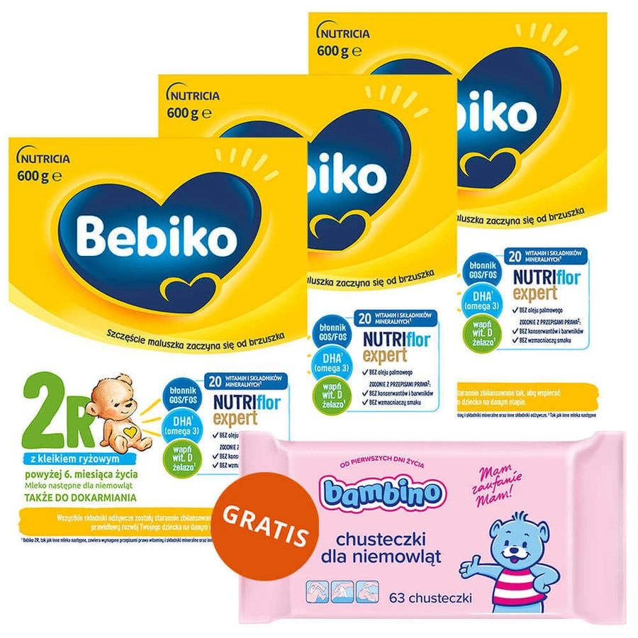 Набір Bebiko 2R Nutriflor Expert, lapte de continuare cu terci de orez, peste 6 luni, 3 x 600 g + Bambino, șervețele umede, de la naștere, 63 gratuit: ціни та характеристики