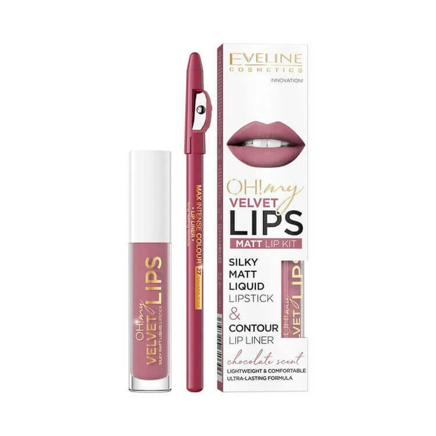 Eveline Cosmetics Oh! My Velvet Lips Рідкий матовий набір для губ 4.5 мл ruj mat + creation de buze 13 Brownie Biscotti 1 buc: ціни та характеристики