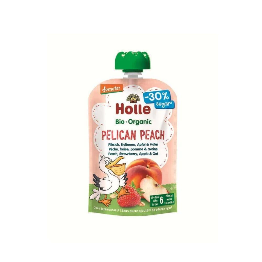 Органічне пюре з персиків, полуниці, яблук та вівса Pelican Peach, 100 г, Holle: ціни та характеристики