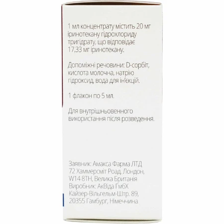 Іринотекан амакса конц. д/р-ну д/інф. 20 мг/мл фл. 5 мл: ціни та характеристики