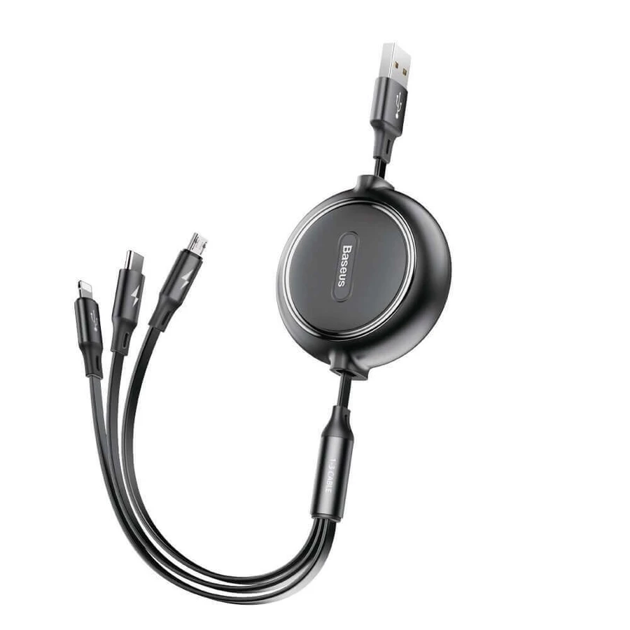 Baseus Golden Loop 3-in-1 Retractable Cable USB - Micro USB / Lightning / USB-C 3.5A 35cm - 120cm Black (CAMLT-JH01): ціни та характеристики