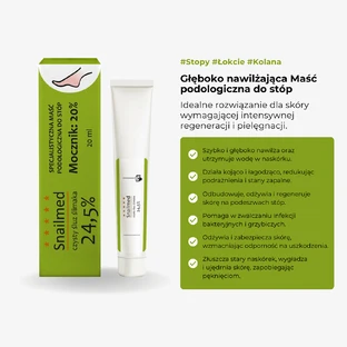 Snailmed Pure Snail Mucus 24.5%, unguent podiatric profund hidratant pentru picioare cu mucus natural de melc, uree, ulei de avocado, unt de shea și vitamina E, 20 ml