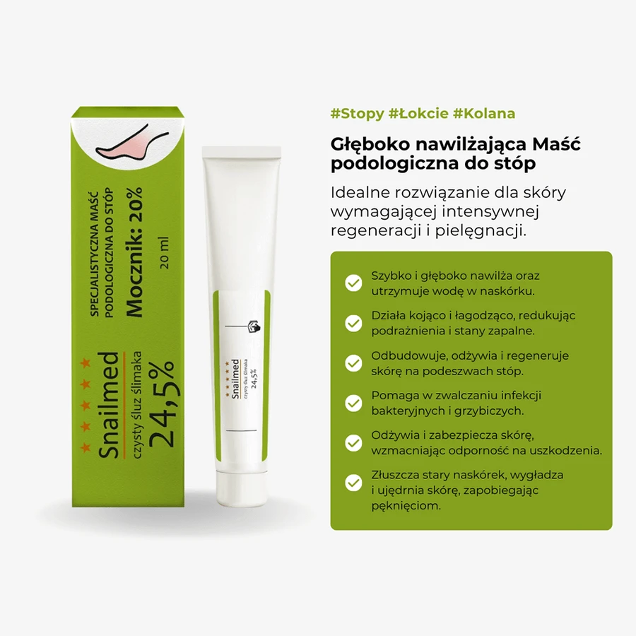 Snailmed Pure Snail Mucus 24.5%, unguent podiatric profund hidratant pentru picioare cu mucus natural de melc, uree, ulei de avocado, unt de shea și vitamina E, 20 ml: цены и характеристики