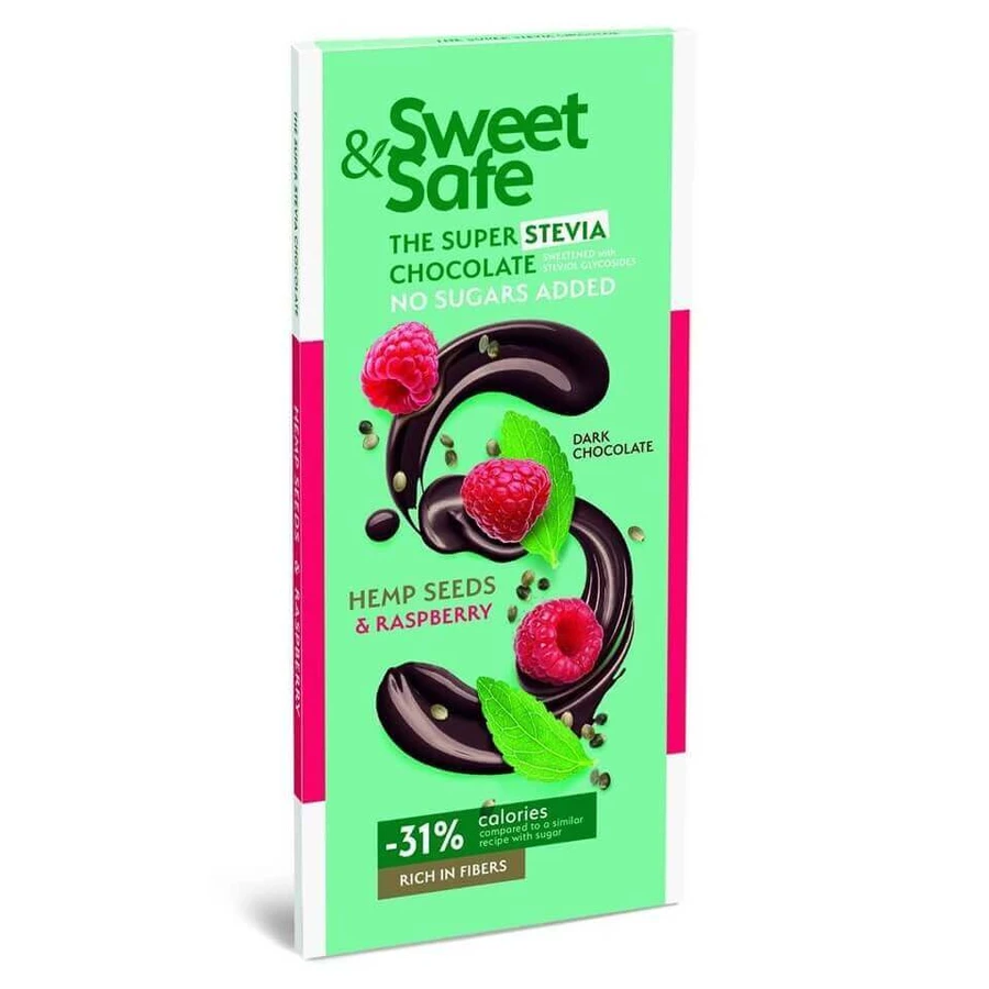Гіркий шоколад з насінням конопель та малиною Sweet & Safe, 90 г, Sly Nutrition: ціни та характеристики
