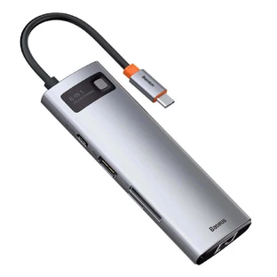 HUB Baseus Metal Gleam 8in1 USB-C - USB-C PD 100W 1x HDMI 4K 30Hz 1x SD і microSD картрідер 3x USB-A 3.2 1xRJ45 - сірий