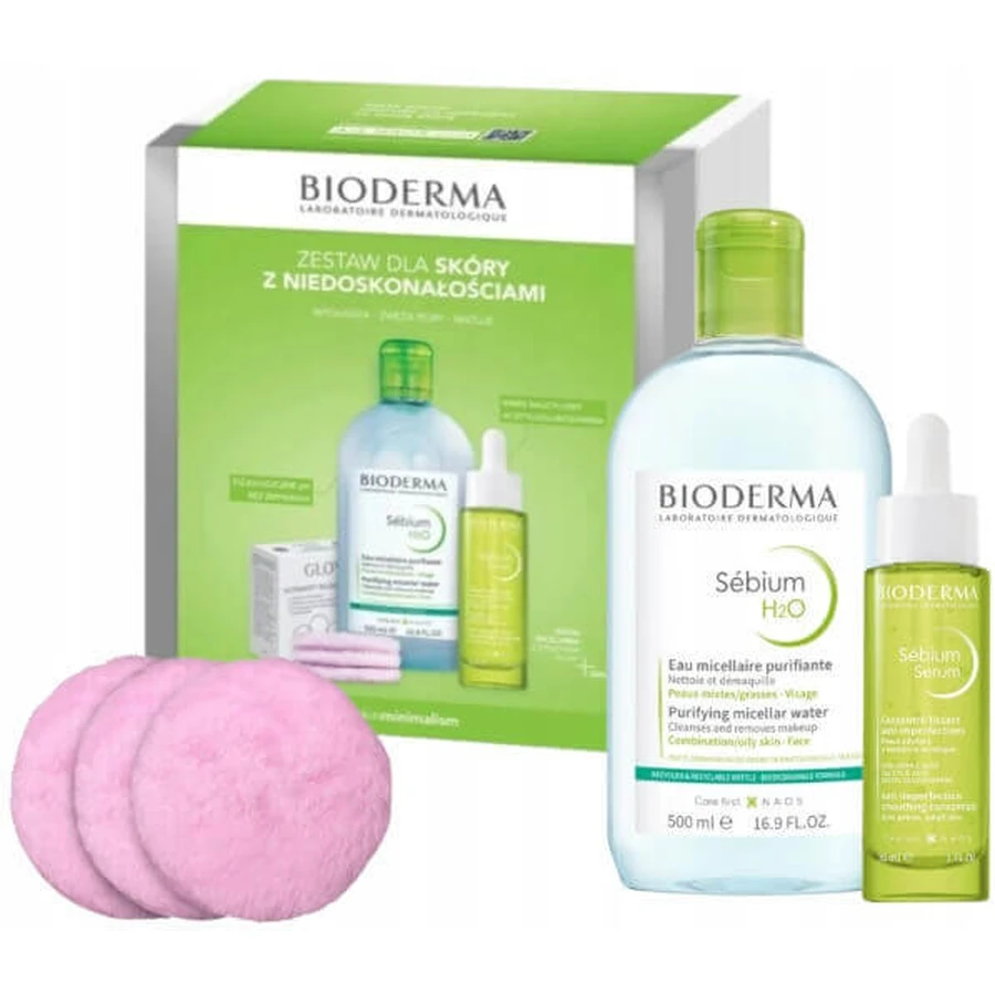 Bioderma Sebium Set Xmass 2024 H2O 500 мл + Сироватка 30 мл + Fluffy Glov Pads, багаторазові, 3 шт.: ціни та характеристики