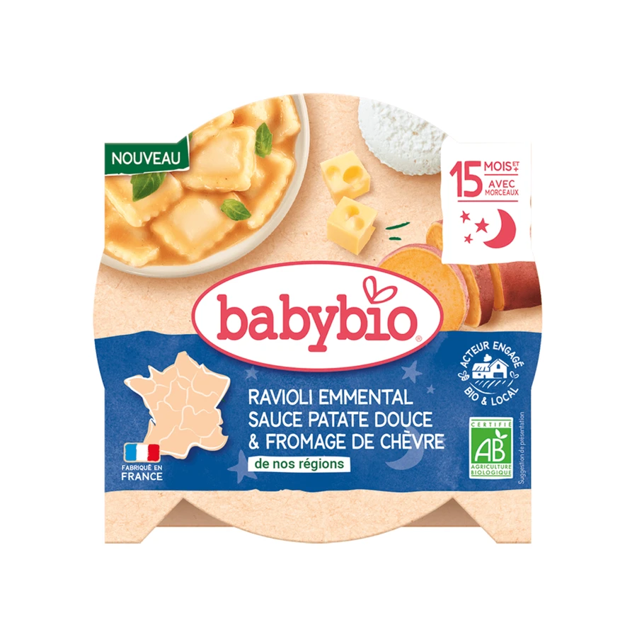 Меню Органические равиоли, эмментальский соус, сладкий картофель и козий сыр, 15 месяцев+, 190 г, Babybio: цены и характеристики