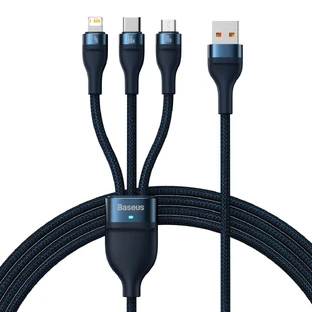 Кабель для быстрой зарядки Baseus Flash Series II 3-в-1 USB-A на USB-C/Micro-USB/Lightning, 66 Вт, 480 Мбит/с, 1,2 м, синий