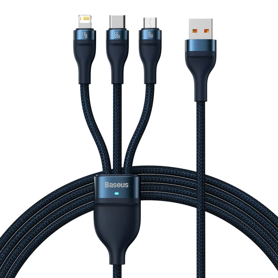 Кабель для быстрой зарядки Baseus Flash Series II 3-в-1 USB-A на USB-C/Micro-USB/Lightning, 66 Вт, 480 Мбит/с, 1,2 м, синий: цены и характеристики