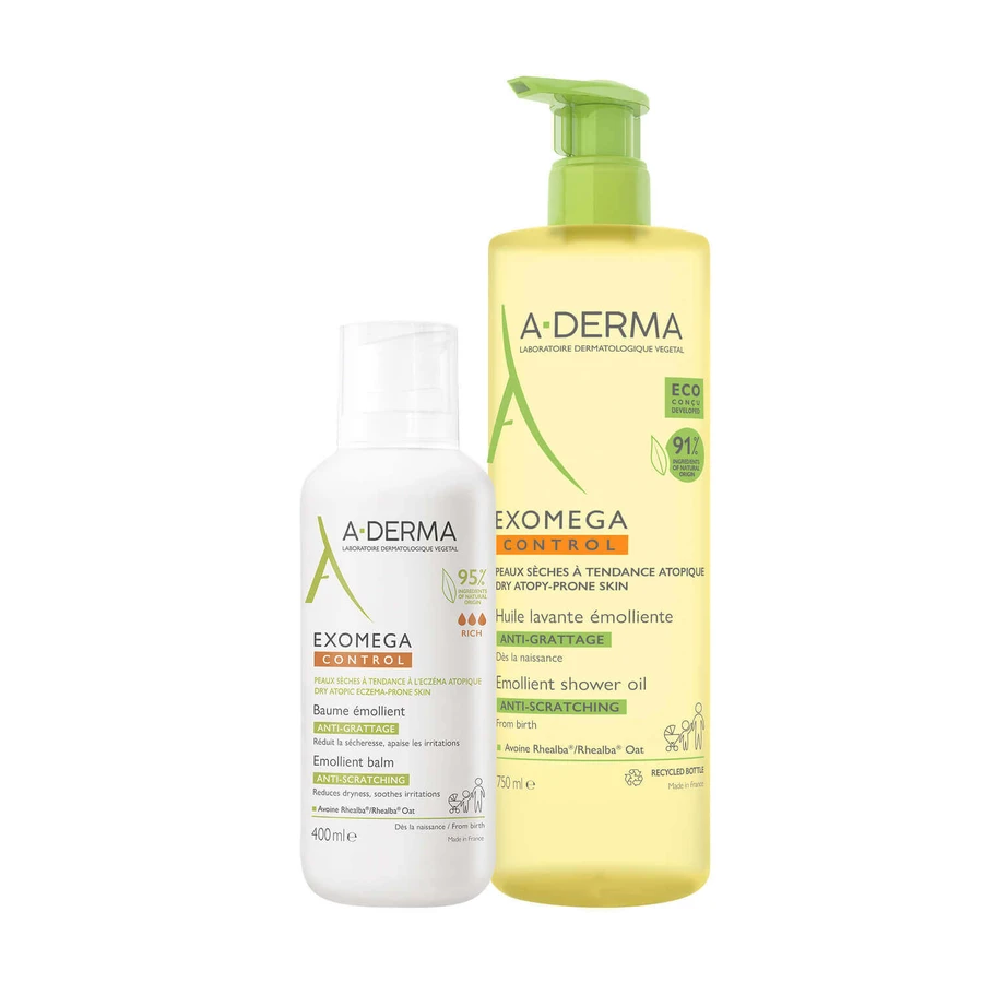 Набір A-Derma Exomega Control, loțiune emolientă, piele uscată și predispusă la atopie, din ziua 1, 400 ml + ulei de duș emolientă, piele uscată și predispusă la atopie, 750 ml: ціни та характеристики