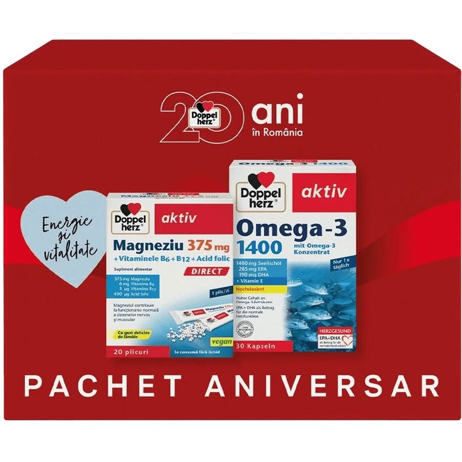 Набір Doppelherz Aktiv Aniversar 20 ani: Magneziu 375 мг, капсули, 20 шт. + Omega-3 1400 мг, капсули, 30 шт.: ціни та характеристики
