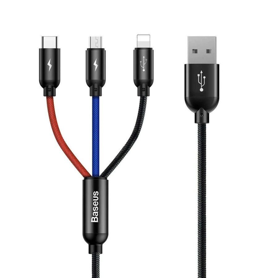 Baseus Three Primary Colors 3in1 USB-A - micro USB / Lightning / USB-C 3.5A cablu 0.3 m - negru: цены и характеристики