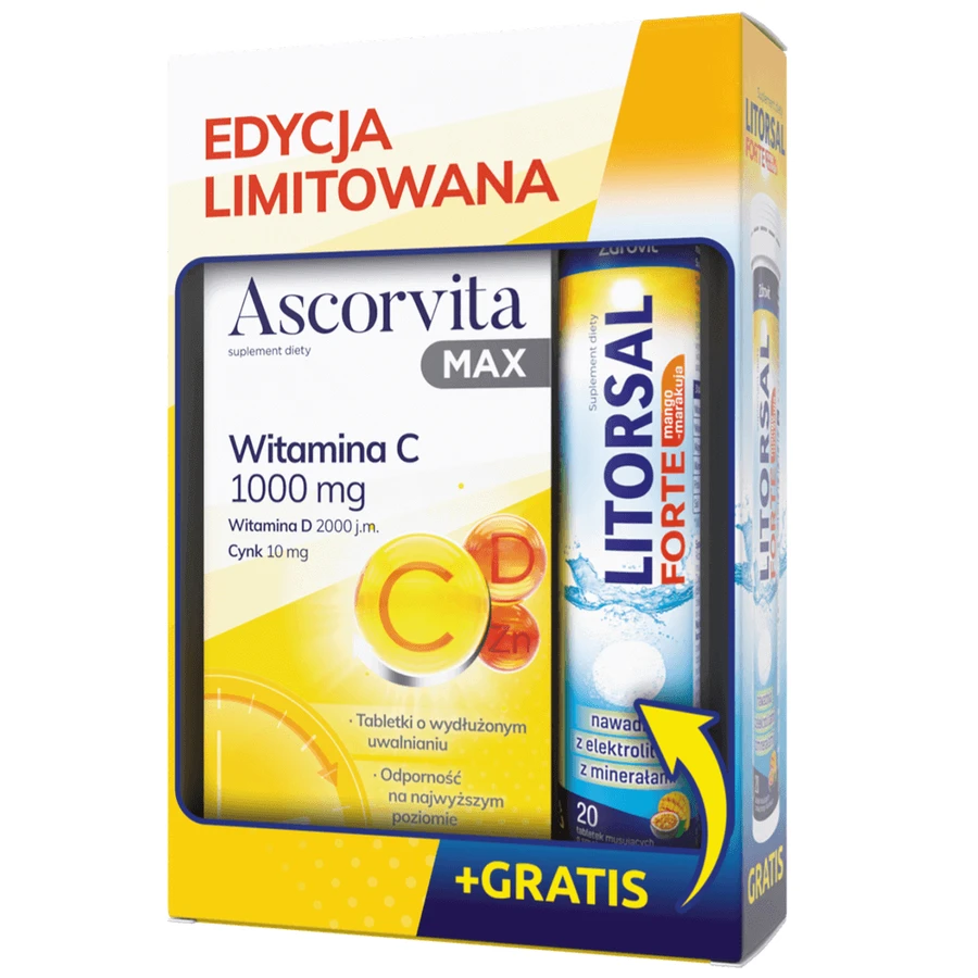 Набір Ascorvita Max, 30 компр. + Litorsal Forte, аромат манго-маракуї, 20 компр.: ціни та характеристики
