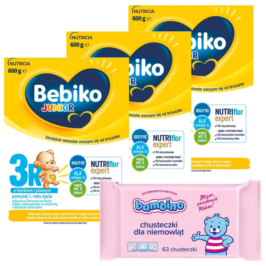 Набір Bebiko Junior 3R Nutriflor Expert, formulă nutritivă pe basă de lapte cu terci de orez, peste 1 an, 3 x 600 g + Bambino, șervețele umede, 63 gratuit: ціни та характеристики
