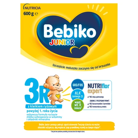 Набір Bebiko Junior 3R Nutriflor Expert, formulă nutritivă pe basă de lapte cu terci de orez, peste 1 an, 3 x 600 g + Bambino, șervețele umede, 63 gratuit: ціни та характеристики